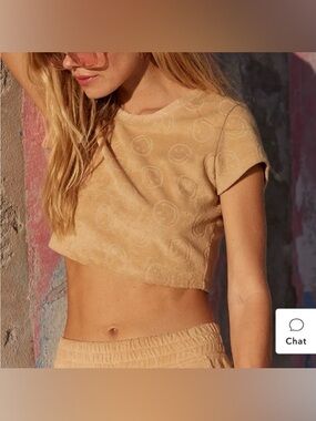 Aerie Offline Womens Size M Tan Brown Smiley Face Cropped Top